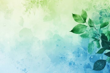 Artwork featuring lush green leaves on a blue watercolor background in a serene and fresh style. Generative AI