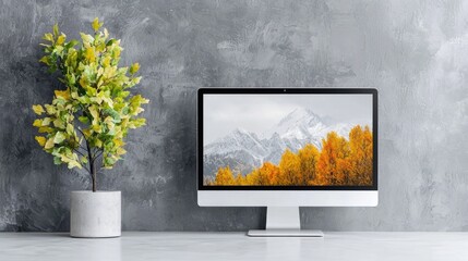 Autumn mountain desktop view, office plant