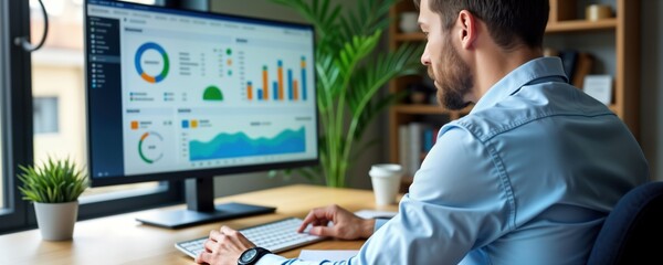 Businessman reviews building performance data on computer. Energy consultant analyzes metrics for eco efficiency. Studies graphs, charts for improvement plan. Modern office setting. Expert uses tech