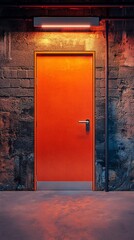 Obraz premium Orange door in a dark basement with neon lighting