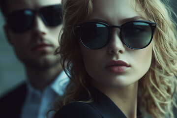 Naklejka premium Stylish couple in sunglasses poses against a modern backdrop showcasing urban sophistication and allure