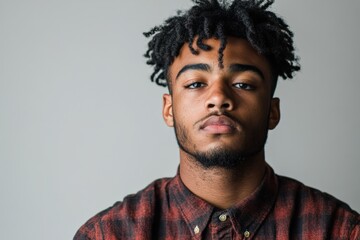 Fototapeta premium Confident Young Man with Natural Hair in Casual Attire Against a Neutral Background