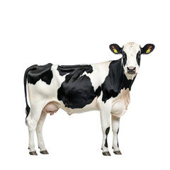 Fototapeta premium A cute black and white cow standing prominently against a white isolated background.