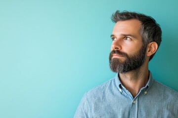 Obraz premium Thoughtful Man with Beard Against a Turquoise Background
