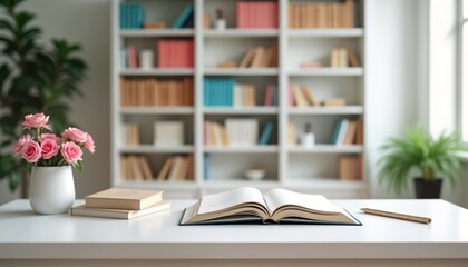 White table with books, stationery in blurred home study room. Open book, notebooks placed on table. Pink roses in vase. Background shows bookcase filled with books. Home office library atmosphere.