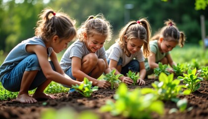Fototapeta premium Young students plant vegetables in eco school garden. Kids collaborate, enjoy teamwork. Learn about sustainability, climate change. Children show care, enthusiasm for eco-friendly practices. Positive