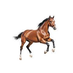 Obraz premium A majestic brown horse in mid-gallop, showcasing strength and elegance against a white isolated background.