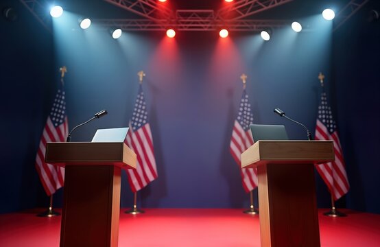 Wooden podiums with microphones. Political debate scene before elections. Bright studio setting. American flags on stands. Debate space ready for candidates. Possible political campaign convention.