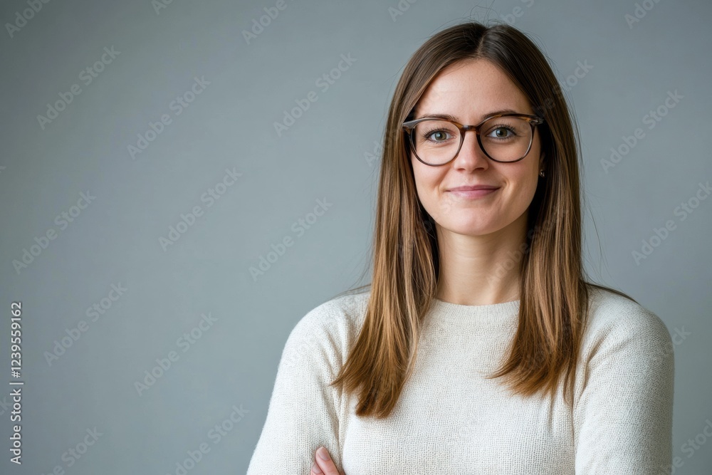 Poster confident young woman with glasses smiling while standing against a neutral background in a modern s