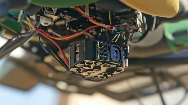 Sensor Installation A closeup shot of a highresolution multispectral camera being affixed to the underbelly of a drone highlighting the detailed wiring and connectors that enable data