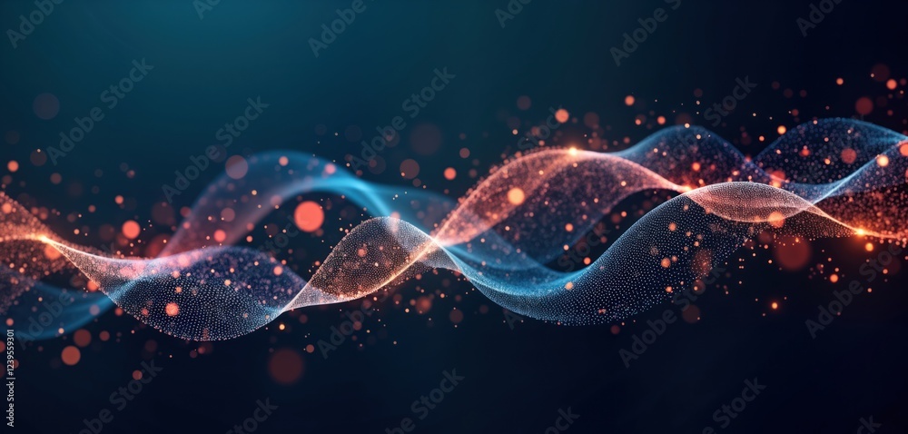 Leinwandbilder abstract digital waves flow on dark background. particles glow with light blue, orange tones. dynami