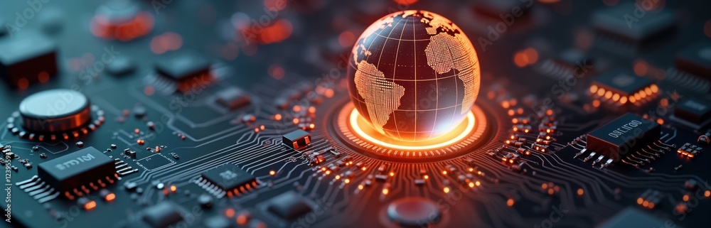 Leinwandbilder Futuristic tech circuit board with glowing orb. Globe rests on motherboard. Advanced technology concept. Global network, digital connections. Innovative tech illustration. Future of global