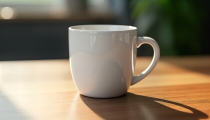 Obraz premium Empty white ceramic mug on light wooden table. Morning light illuminates the mug. Perfect for mockup use. Simple design, ideal for hot drinks like tea or coffee. Blank space for branding or design.