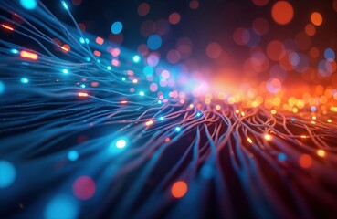 Fototapeta premium Abstract illustration of glowing electric cables, optical fibers. Intense colors create vibrant network. Futuristic concept of data transfer, communication. Modern tech background for business