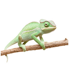 Obraz premium A vibrant green chameleon perched on a branch against a white background.