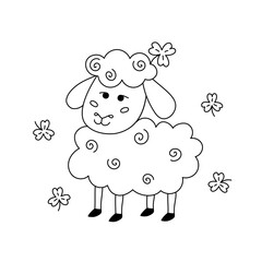 Cute Irish sheep and shamrocks. St Patricks Day symbol. Vector doodle illustration. Smiling hand drawn sheep isolated on white background. Patricks Day March 17 coloring page, design element