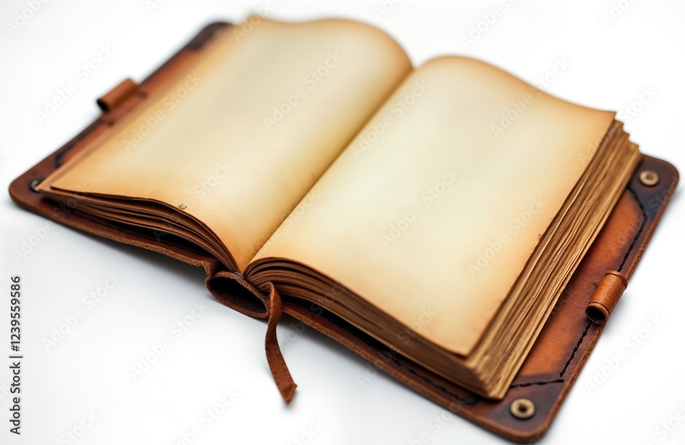 Poster aged leather notebook lies open on white background. empty pages display aged paper texture. vintage