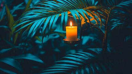 Lit candle amidst lush tropical foliage at night; serene ambiance for relaxation or meditation