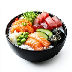 Fresh and Colorful Sushi Bowl with Assorted Toppings and Ingredients Over Steamed White Rice