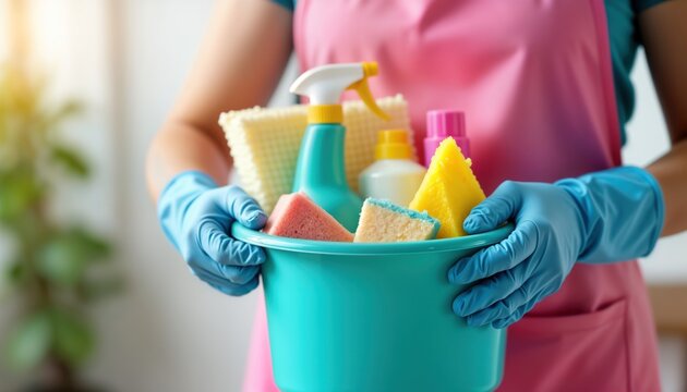 Housekeeper in pink apron holds cleaning supplies in turquoise bucket. Woman wearing blue gloves holds cleaning supplies like sponges, spray bottles. Indoor shot. Cleaning lady preparing for house
