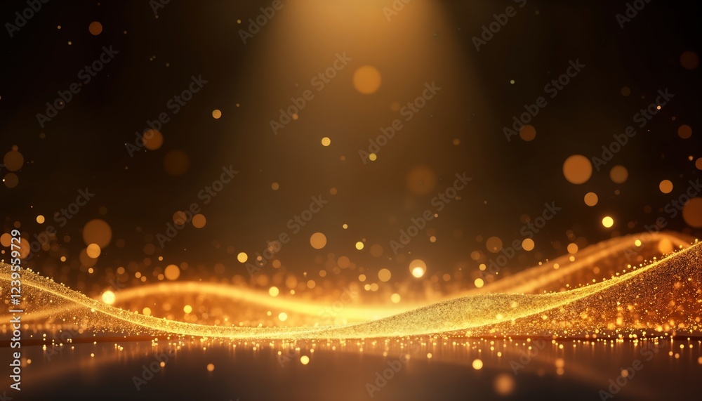 Poster Luxury abstract background with golden lines, light rays. Bokeh effect creates elegant atmosphere perfect for award ceremony design concepts. Golden particles flow in waves on dark background. Visual