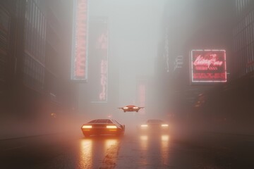 A cinematic view of a futuristic city skyline at dusk, with towering skyscrapers, glowing neon signs, and flying cars navigating through the misty urban landscape.