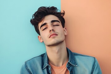 Fototapeta premium Stylish Young Man Posing Against Colorful Background in Casual Denim Jacket