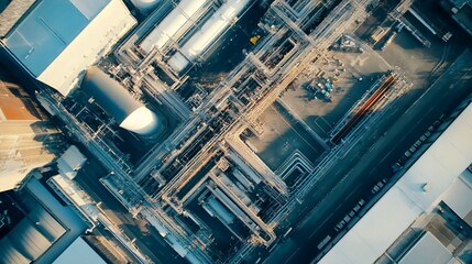 Fototapeta premium Aerial view of a complex industrial facility with intricate pipe systems