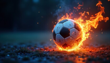 Naklejka premium Burning soccer ball on dark abstract background. Fiery flames, sparks surround ball. Dramatic sports image. Intense energy, motion. Creative art. Concept of explosive power, competition in football.