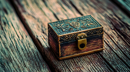 Ornate Wooden Box on Rustic Wood, Outdoors, Sunlit Background, for Jewelry or Keepsakes