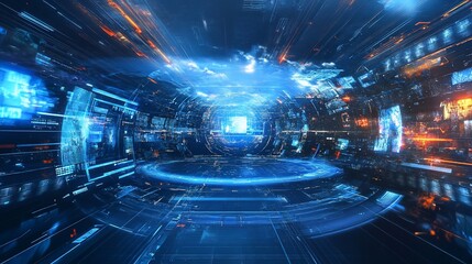 Futuristic Digital Data Stream Tunnel with Glowing Energy and Technological Elements