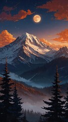 Majestic Snow-Capped Mountain Under Full Moon