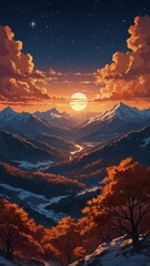 Glowing Sunset Over Mountain Valley with Autumn Foliage