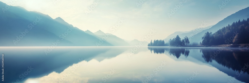 Poster Tranquil morning at a serene lake surrounded by misty mountains reflecting on calm waters in early hours. Generative AI