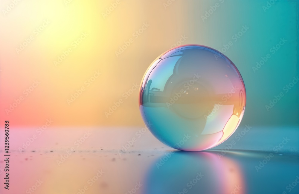 Poster colorful iridescent soap bubble rests on multicolored background. abstract art piece play of light, 