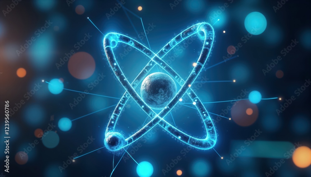 Aufkleber Futuristic digital design of atom. Abstract representation of nuclear energy. Tech innovation in 3d graphic style. Creative illustration for sci-fi tech. Image evokes future innovation. Design