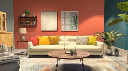 Fototapeta premium Cozy living room interior design with a warm color palette and modern furniture