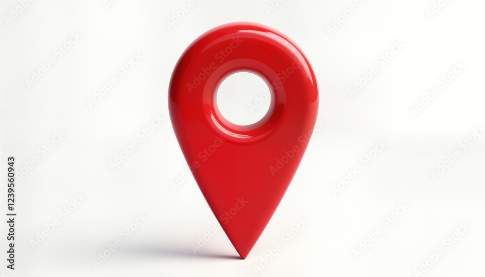 Fototapete Isolated glossy red location pin on white background. Simple graphic design element for navigation apps maps. Modern symbol for pointing to specific place destination. Perfect for travel apps website