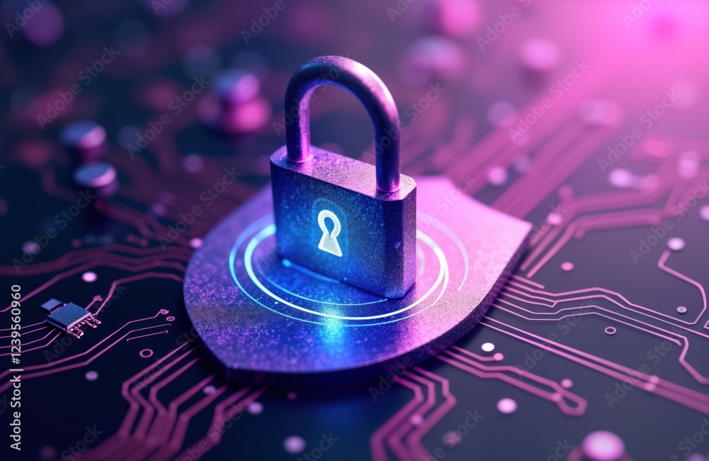 Aufkleber digital lock on tech board. secure cyberspace concept. purple, blue lock icon. secure information sy