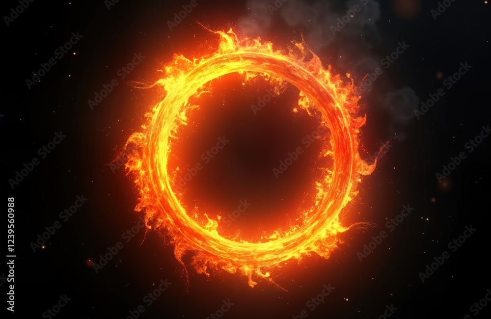 Poster fiery ring shape with burning flames. endless abstract shape ignites. powerful energy circle glows h
