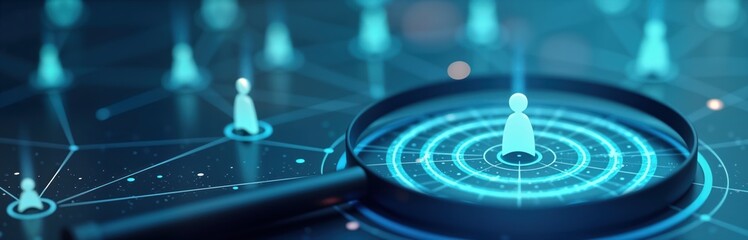 Closeup futuristic tech graphic design. Magnifying glass focuses on person icon. Digital network map shows possible new employee customer. Blue background opportunity. Concept for recruitment sales.