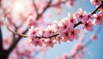 Sakura blossoms on a tilted branch in spring. Beautiful pink flowers against a clear blue sky. Nature in springtime. Japanese cherry blossoms. Springtime flowers. Spring nature. Beauty of spring.