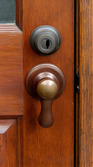 Fototapeta premium Close-up of bronze door handle and lock on rich wood door, blurred background suggesting home interior, for home improvement websites
