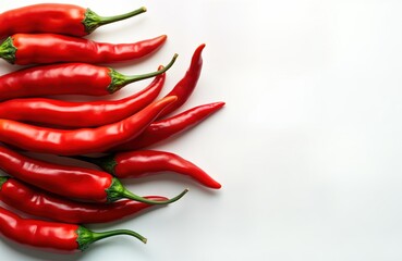Close-up view of vibrant red chili peppers arranged on white background. Full depth of field highlights peppers. Colorful image suitable for cooking themes. Freshness, healthy eating concepts.