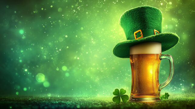 An irish leprechaun hat with a cold beer and shamrocks for St. Patrick's Day festivity