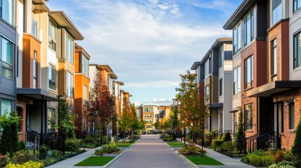 Naklejka premium Modern Townhouses Line a Peaceful Street with Autumn Foliage