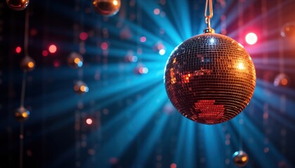 Obraz premium Disco ball shines brightly in dark room with blue background. Party atmosphere with bright lights, glowing balls. 80s music vibe, festive celebration. Nightclub discotheque ambiance. Great for design