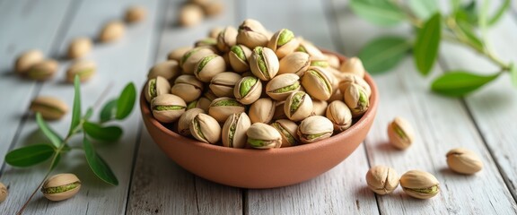 Obraz premium A charming bowl brimming with vibrant green pistachios sits atop a weathered wooden surface, complemented by delicate green leaves. This inviting scene captures the essence of healthy snacking
