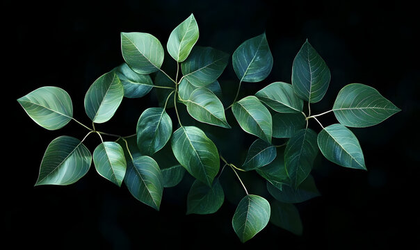 A dark green plant with leaves on a black background, Generative AI