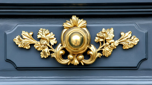 Ornate gold door knocker, vintage detail, Parisian building, architectural element, home decor